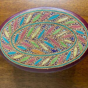 Oval Leather Box w/ Needlework Lid Jewelry Trinket Box Handcrafted